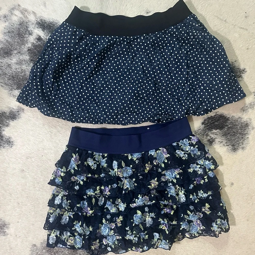 Justice Girls Size 12 Skirts – Navy Polka Dot & Floral Tiered Lot of 2